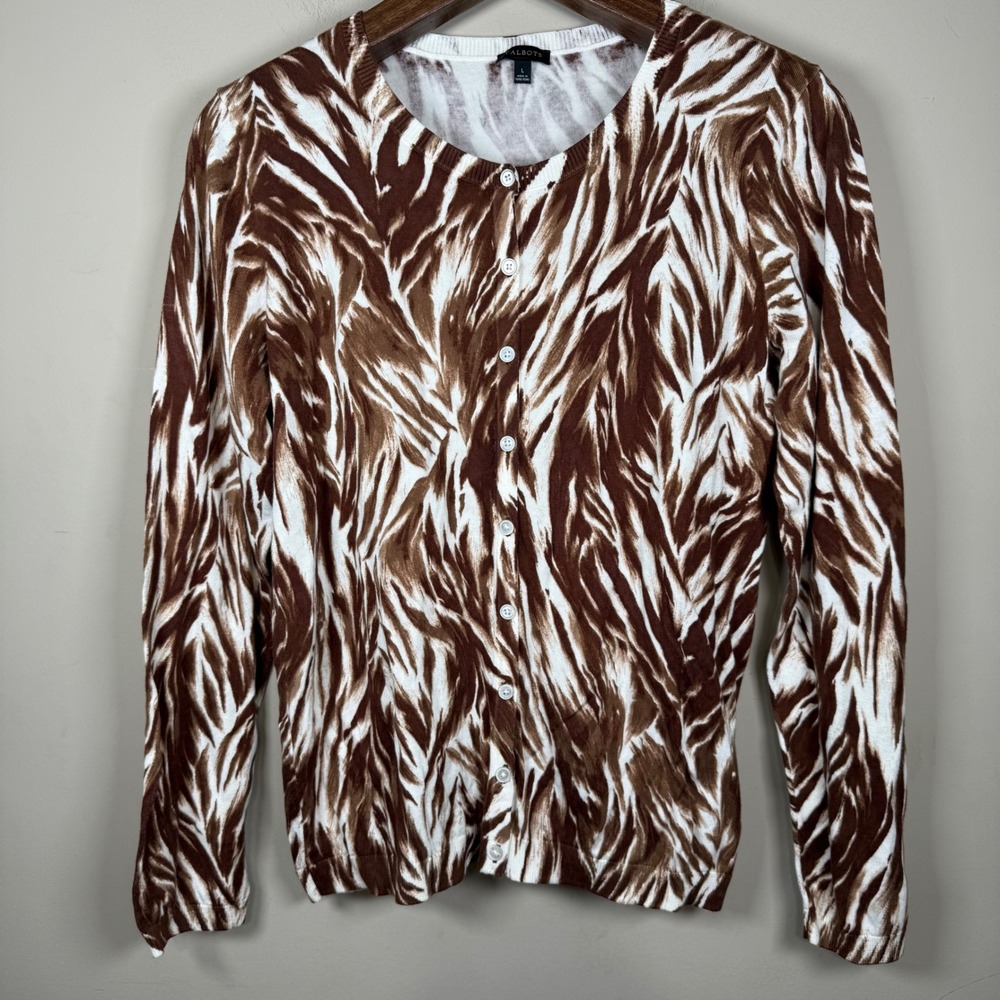 Talbots Charming Feathered Wave Brown/Cream Button Down Cardigan Large